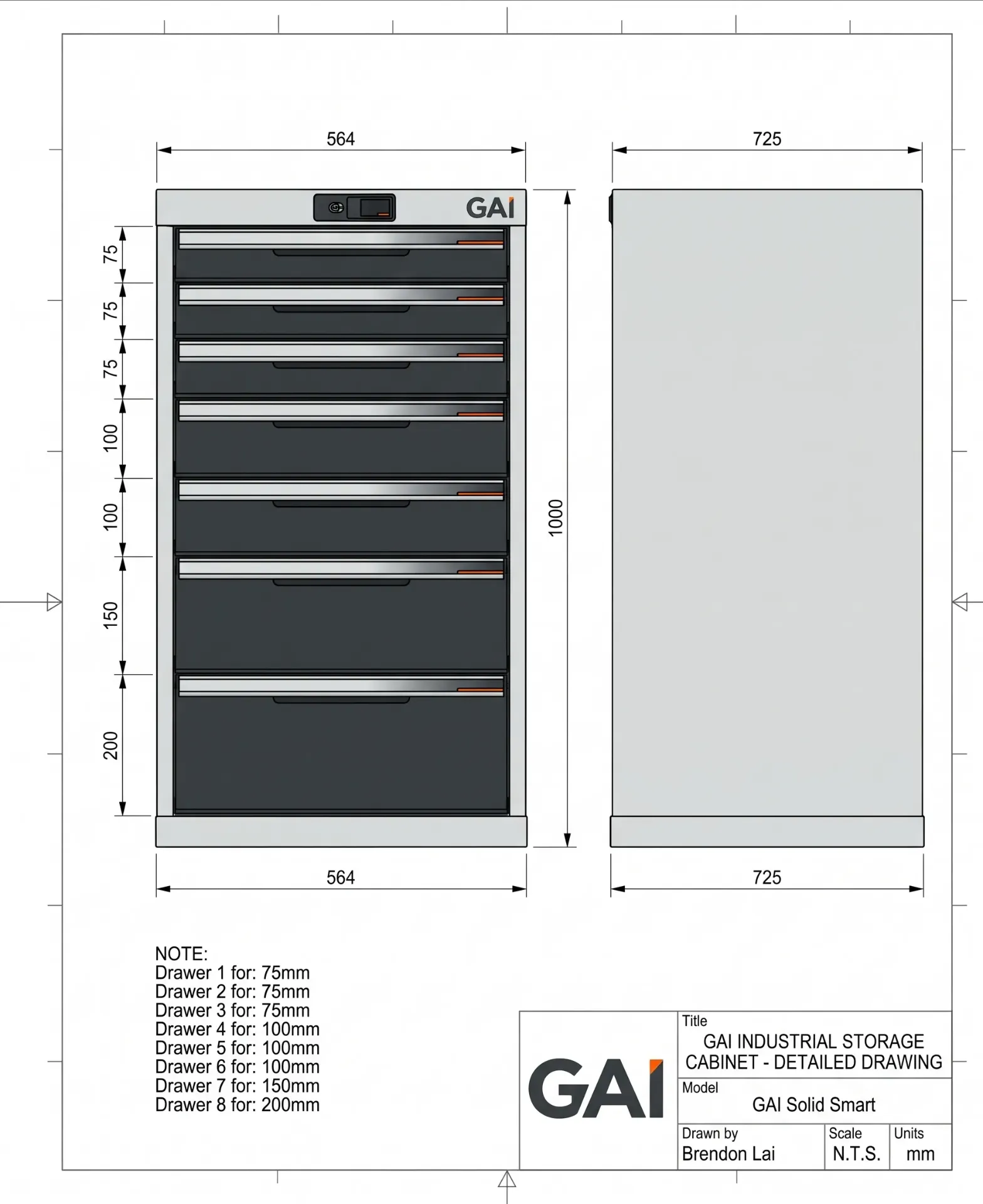 GAI Heavy Duty 7 Drawer Cabinet 564x725x1000